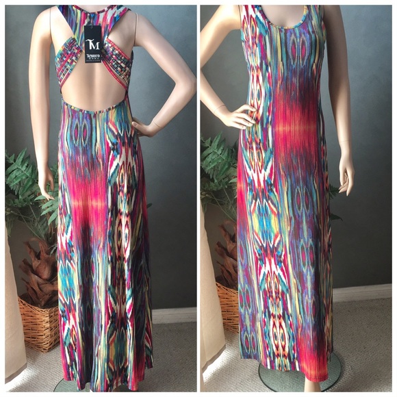 Colorful Sleeveless Maxi Dress w Cross Open Back - Picture 1 of 6